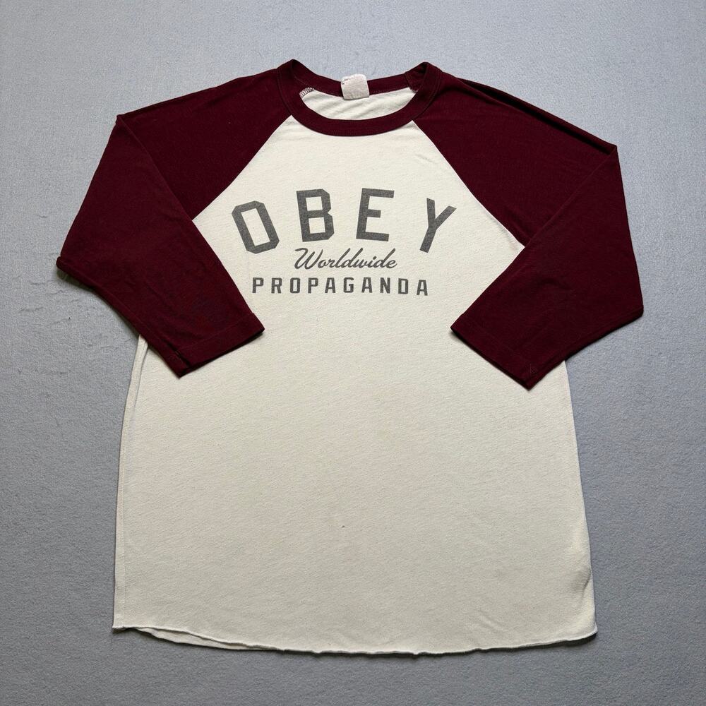Obey Worldwide Propaganda Raglan Shirt Mens Small Made In USA 3/4 Sleeve Vintage